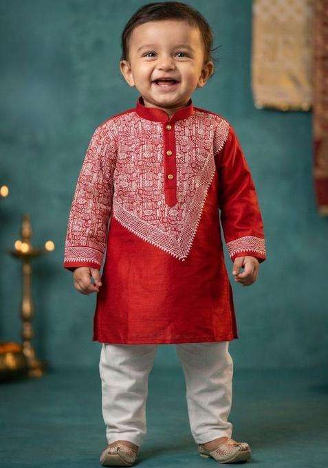 Red Embroidered Silk Kurta Set For Boys
