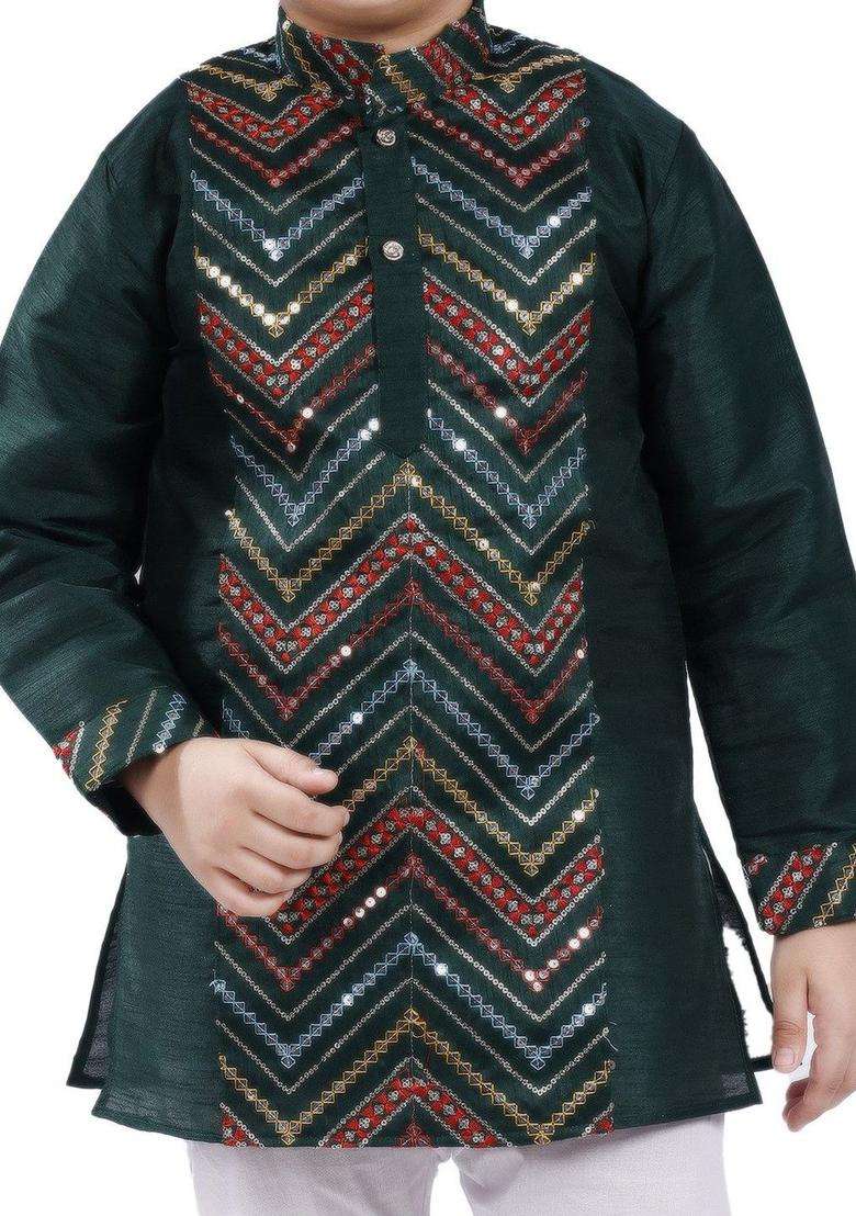 Green Embroidered Silk Kurta Set For Boys - Indya