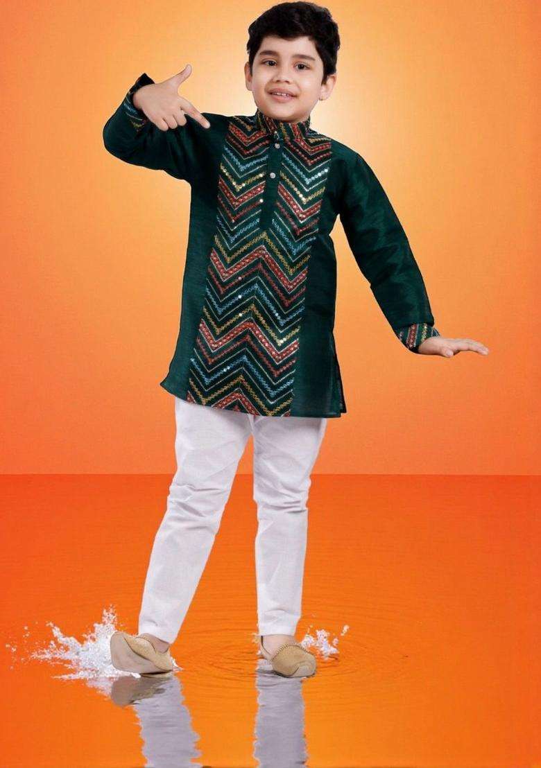 Green Embroidered Silk Kurta Set For Boys - Indya