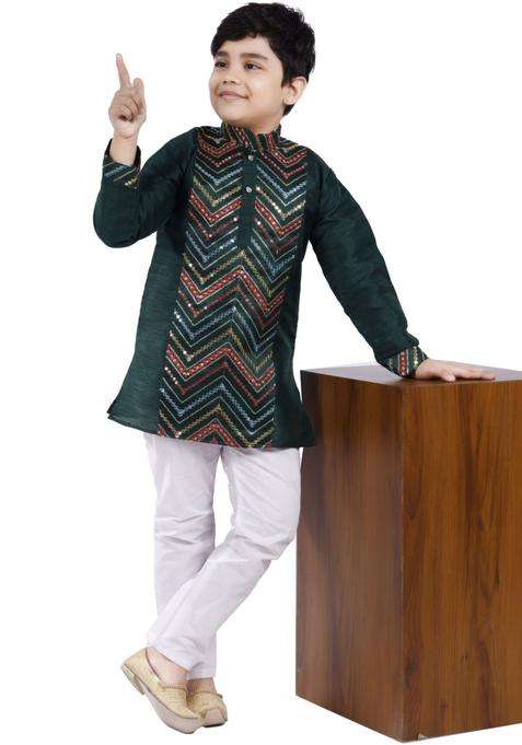 Green Embroidered Silk Kurta Set For Boys