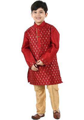 Red Woven Design Silk Kurta Set For Boys
