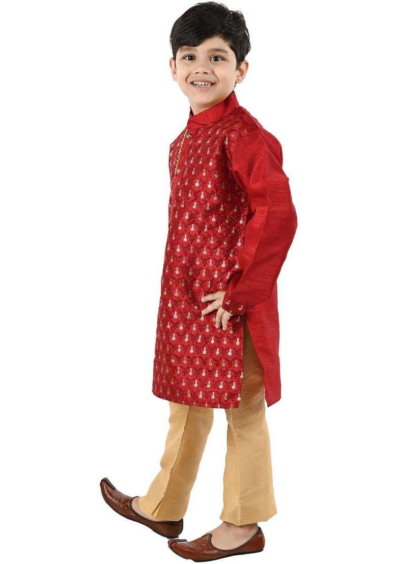 Red Woven Design Silk Kurta Set For Boys - Indya