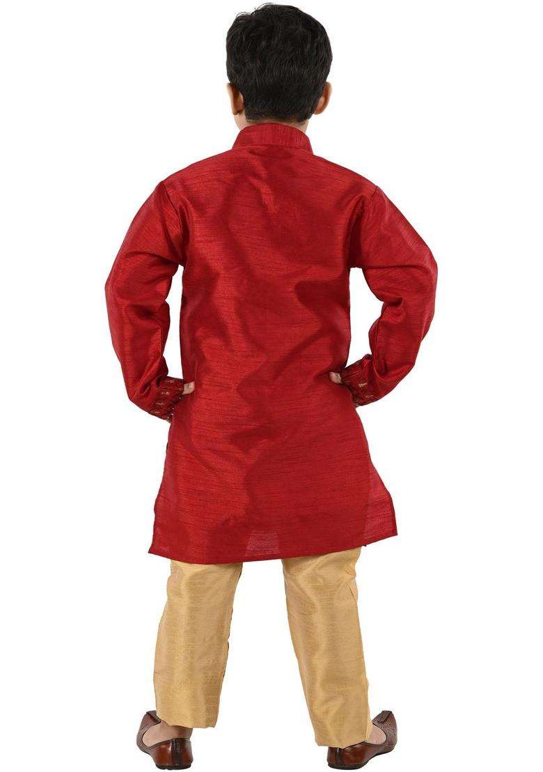 Red Woven Design Silk Kurta Set For Boys - Indya