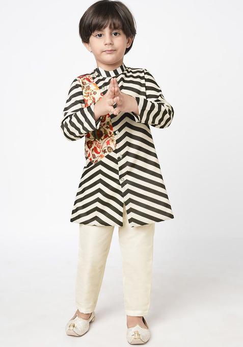 Black Striped Polyester Kurta Set For Boys — view on Indya