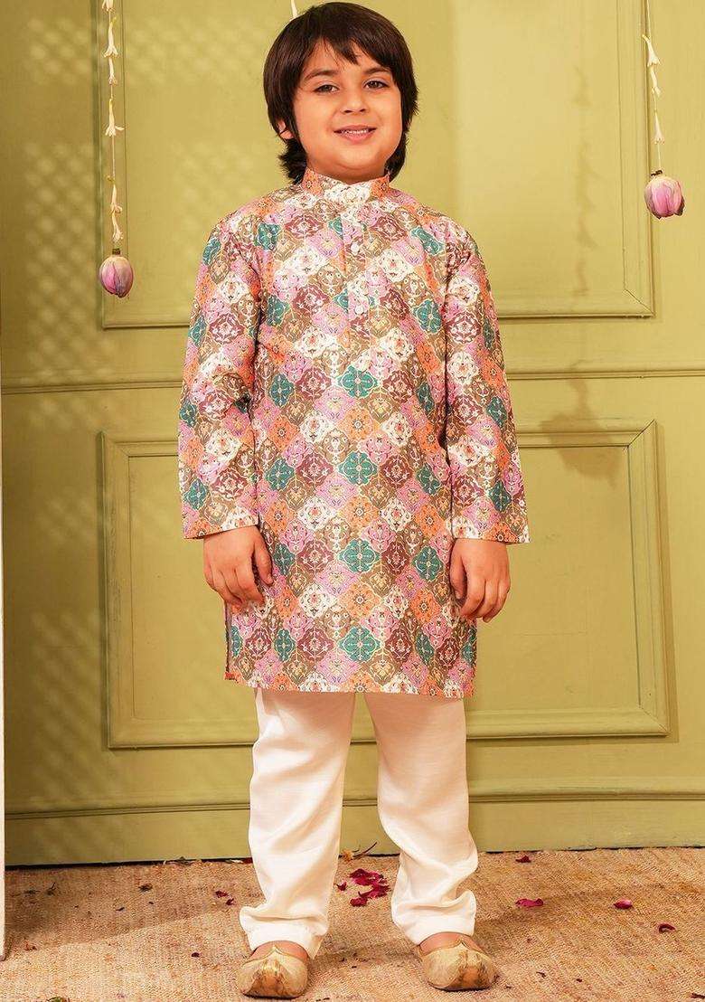Multi Printed Silk Kurta Set For Boys - Indya