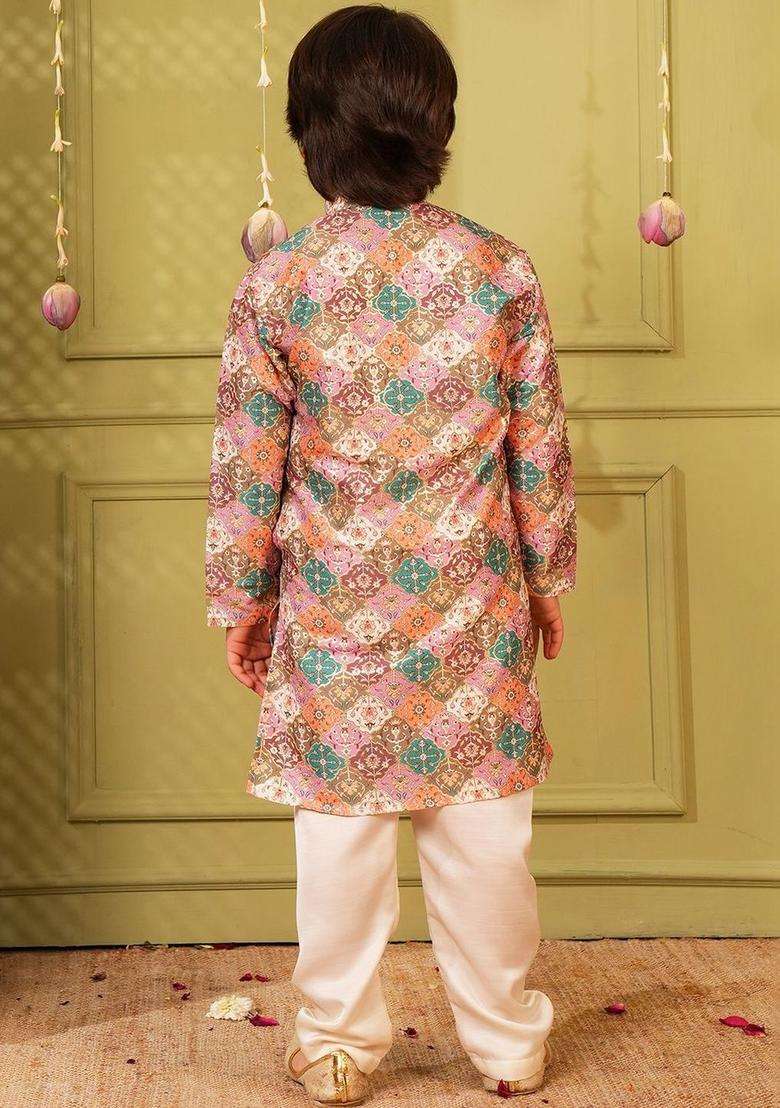 Multi Printed Silk Kurta Set For Boys - Indya