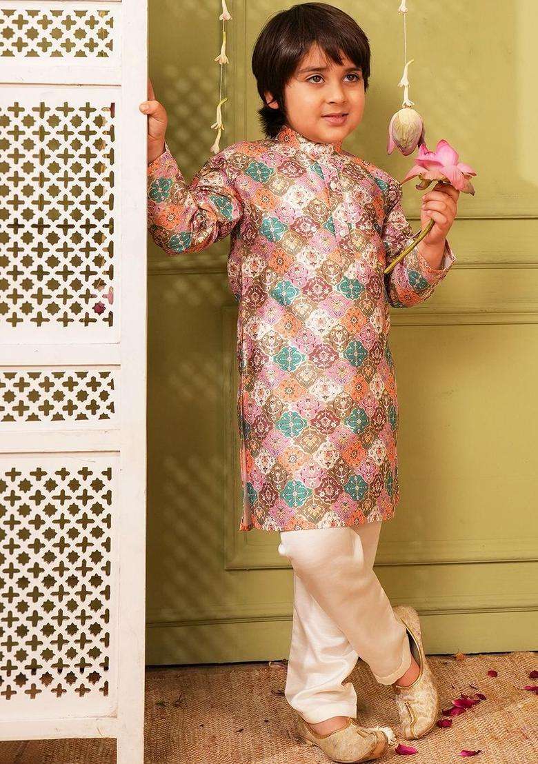 Multi Printed Silk Kurta Set For Boys - Indya