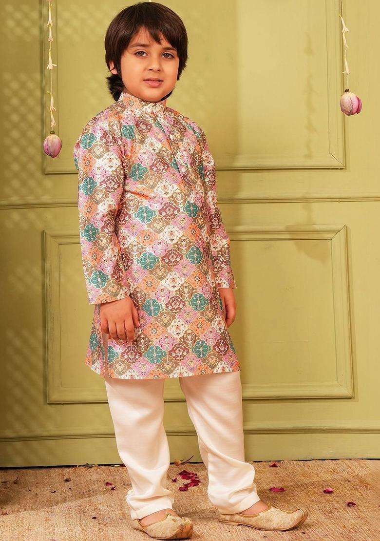 Multi Printed Silk Kurta Set For Boys - Indya