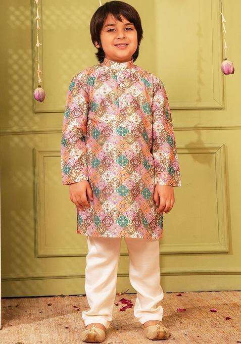 Multi Printed Silk Kurta Set For Boys
