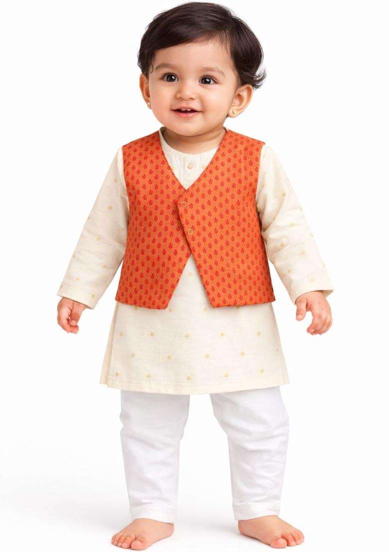 Off White Woven Design Silk Kurta Set For Boys - Indya
