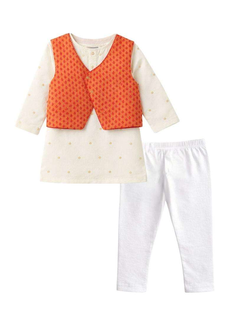 Off White Woven Design Silk Kurta Set For Boys - Indya