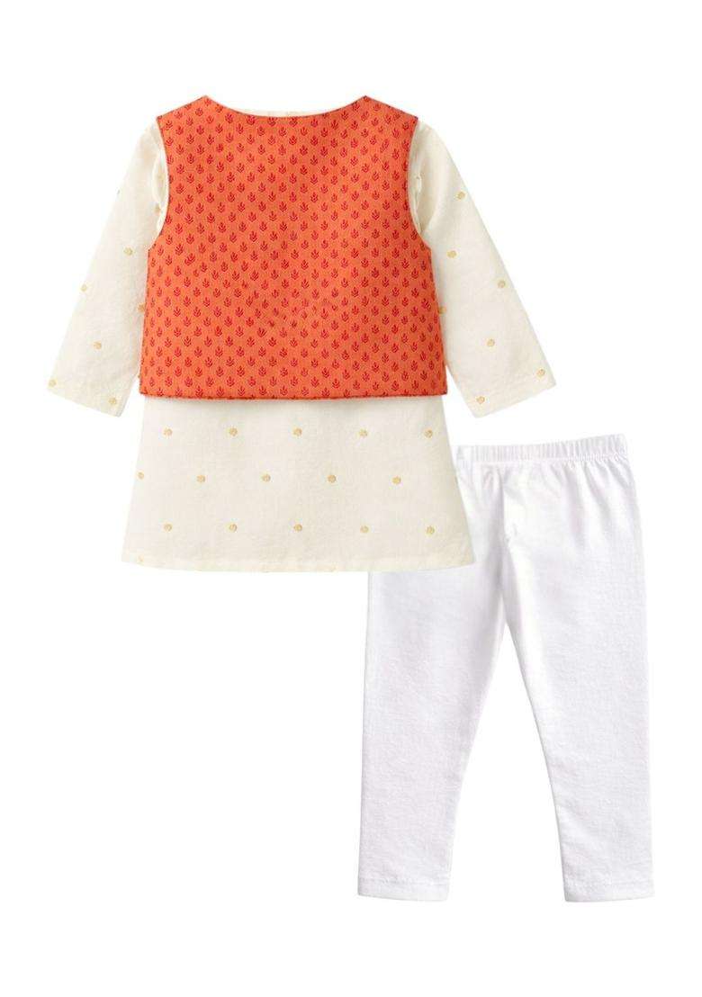 Off White Woven Design Silk Kurta Set For Boys - Indya