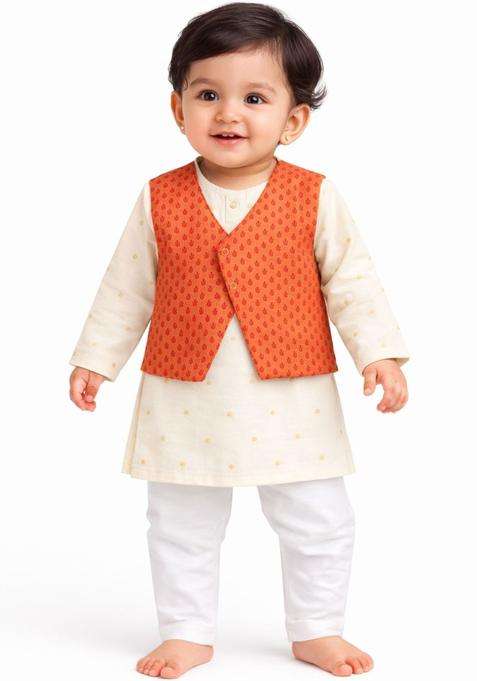 Off White Woven Design Silk Kurta Set For Boys