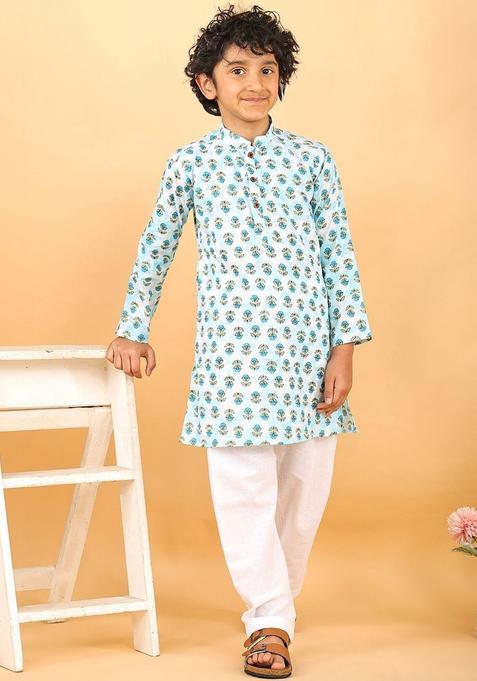 Blue Printed Cotton Kurta Set For Boys — view on Indya