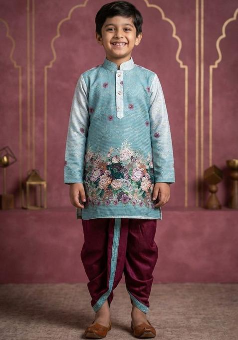Blue Printed Cotton Kurta Set For Boys — view on Indya