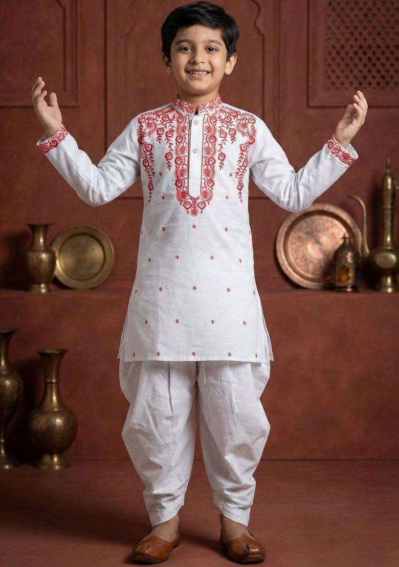 White Embroidered Cotton Kurta Set For Boys - Indya