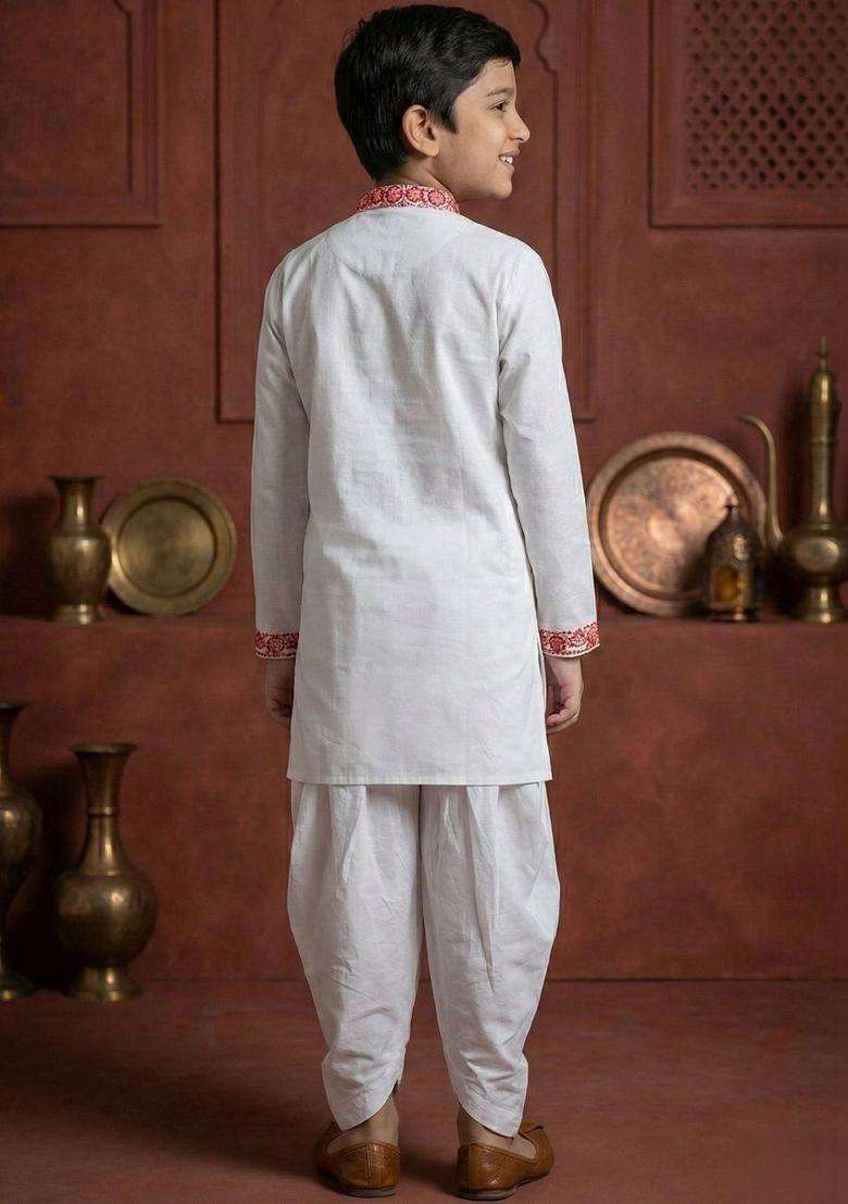White Embroidered Cotton Kurta Set For Boys - Indya
