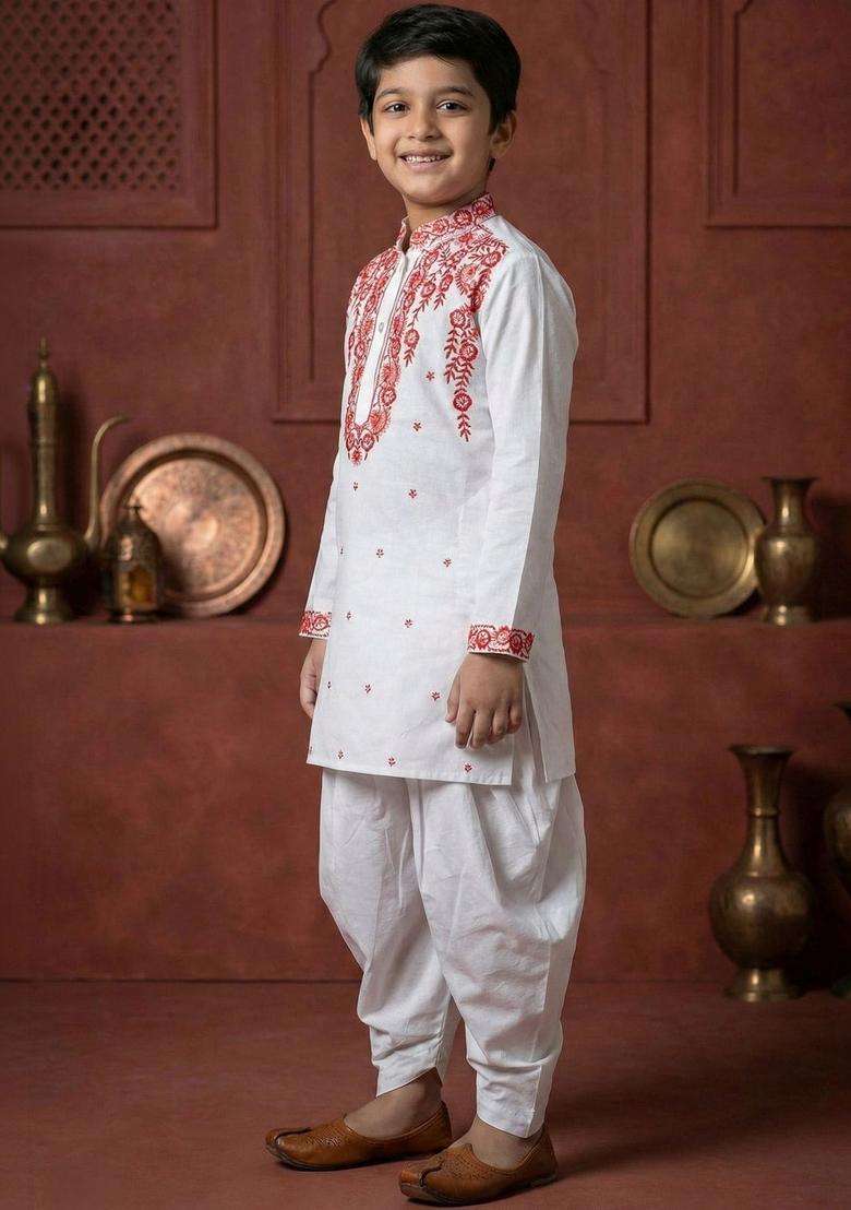 White Embroidered Cotton Kurta Set For Boys - Indya