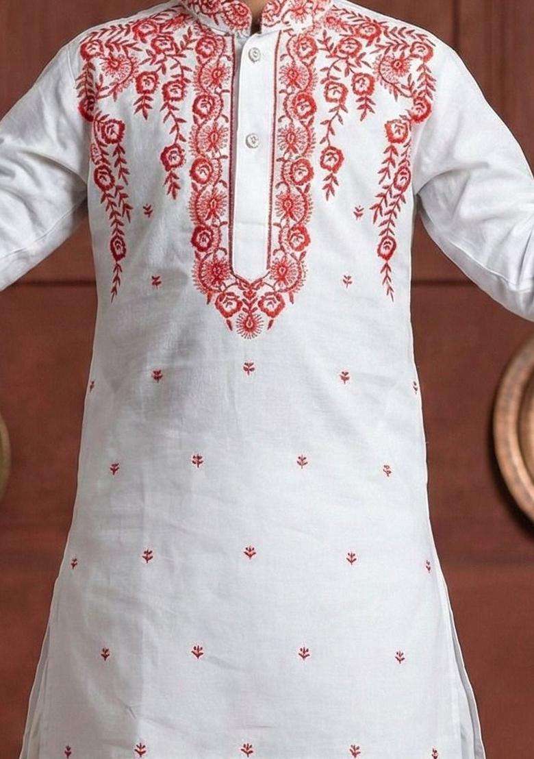 White Embroidered Cotton Kurta Set For Boys - Indya