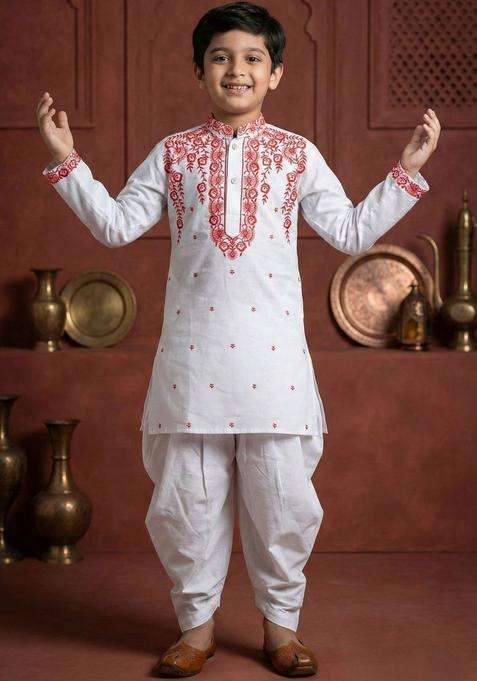 White Embroidered Cotton Kurta Set For Boys