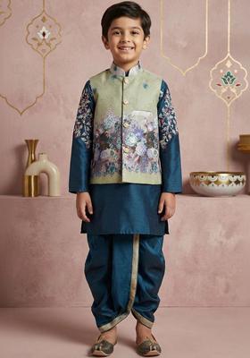 Teal Printed Silk Kurta Set For Boys