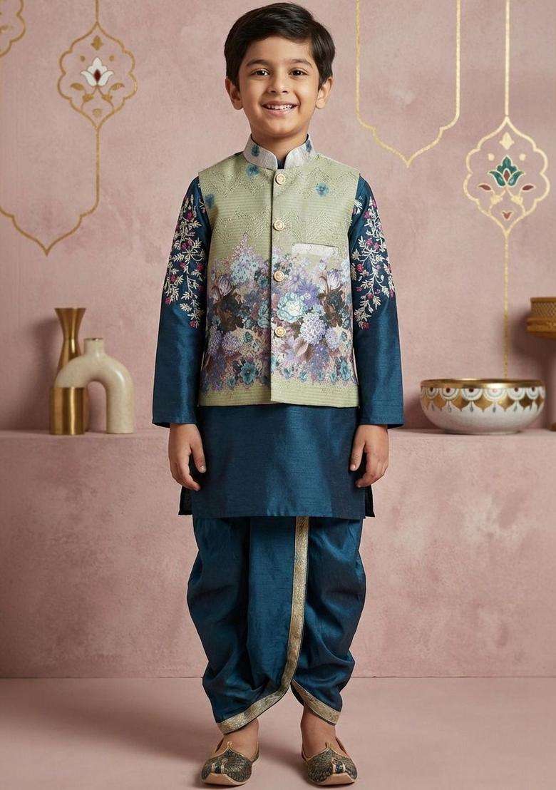 Teal Printed Silk Kurta Set For Boys - Indya