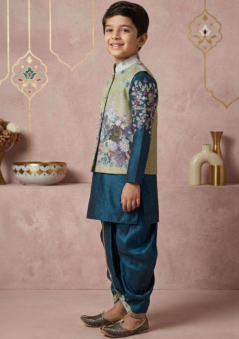 Teal Printed Silk Kurta Set For Boys - Indya