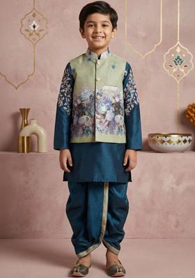 Teal Printed Silk Kurta Set For Boys