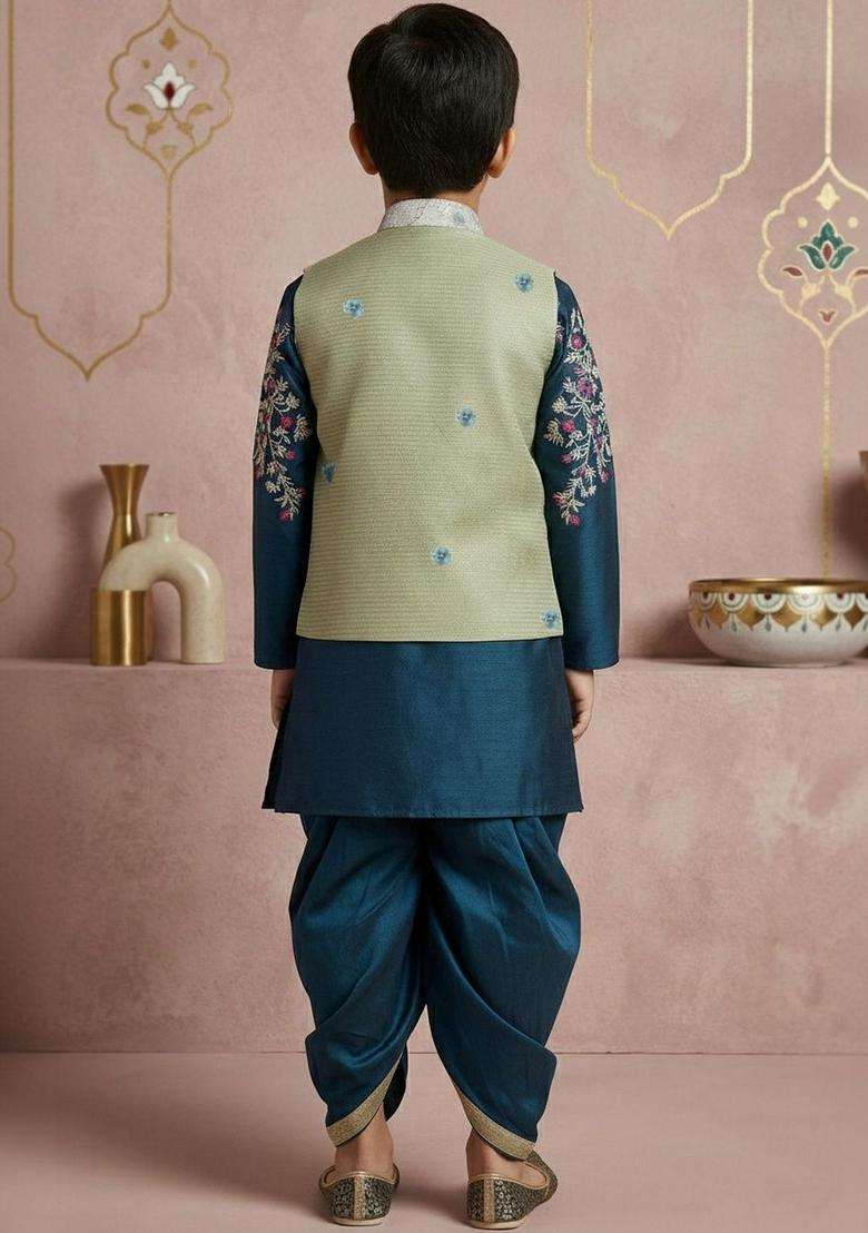 Teal Printed Silk Kurta Set For Boys - Indya