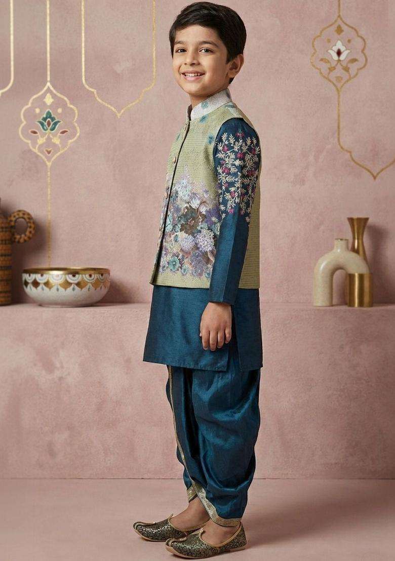 Teal Printed Silk Kurta Set For Boys - Indya