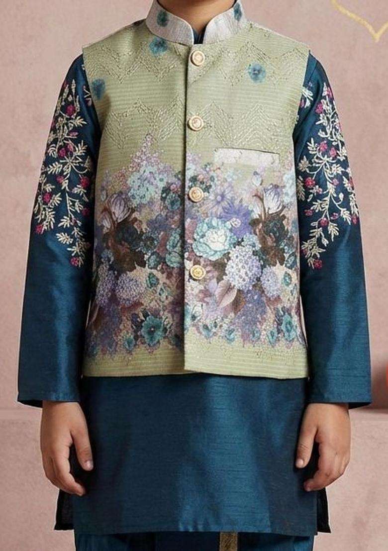 Teal Printed Silk Kurta Set For Boys - Indya