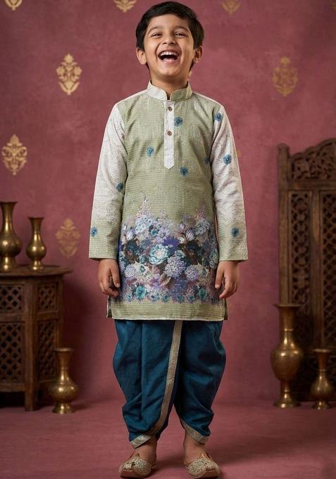 Green Printed Cotton Kurta Set For Boys — view on Indya