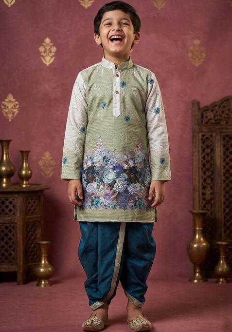 Green Printed Cotton Kurta Set For Boys — view on Indya