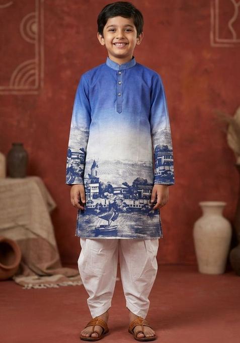 Blue Printed Cotton Kurta Set For Boys — view on Indya