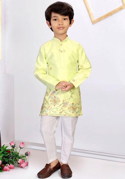 Lime Green Embroidered Silk Kurta Set For Boys — view on Indya