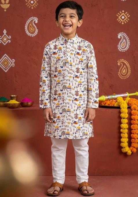 White Printed Cotton Kurta Set For Boys — view on Indya