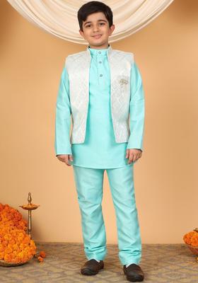 Blue Woven Design Silk Kurta Set For Boys