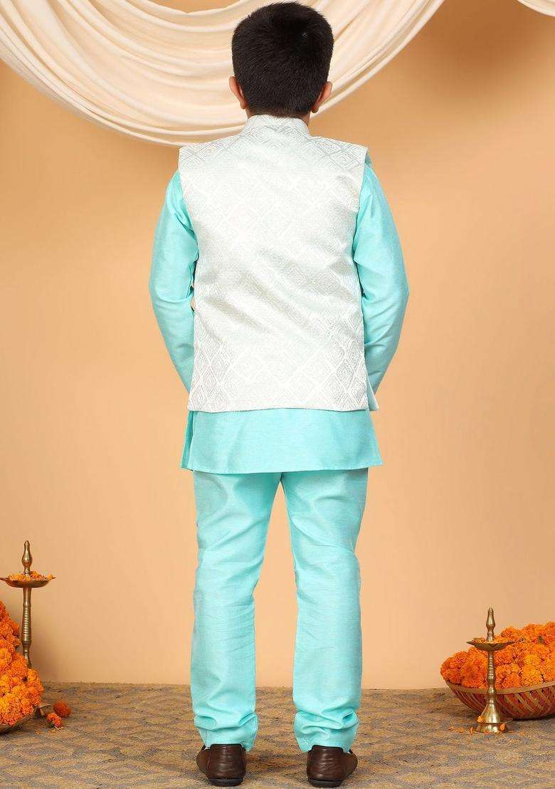 Blue Woven Design Silk Kurta Set For Boys - Indya