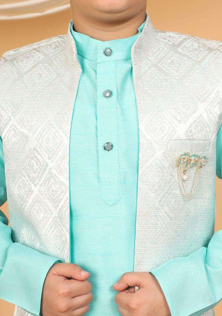 Blue Woven Design Silk Kurta Set For Boys - Indya