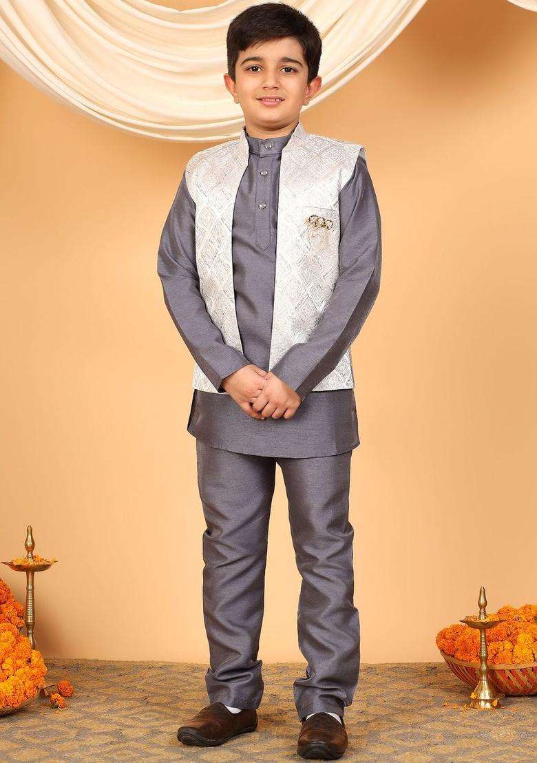 Grey Solid Silk Kurta Set For Boys - Indya