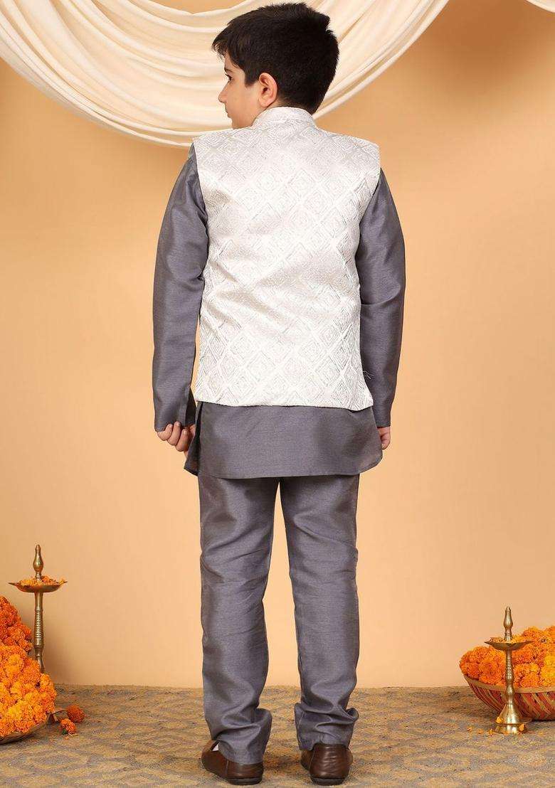 Grey Solid Silk Kurta Set For Boys - Indya