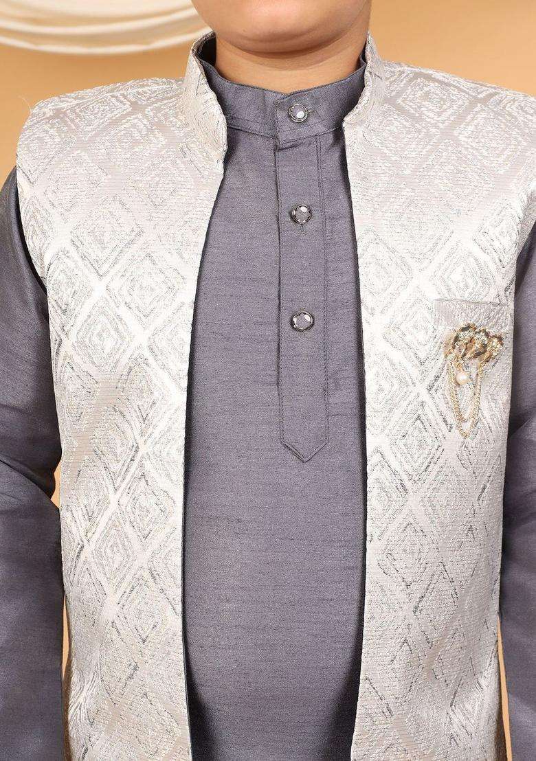 Grey Solid Silk Kurta Set For Boys - Indya
