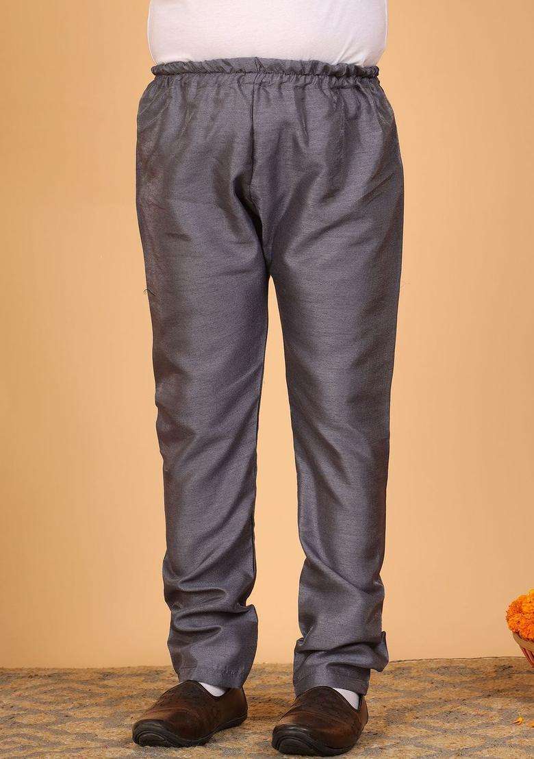 Grey Solid Silk Kurta Set For Boys - Indya
