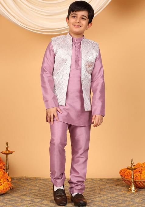 Mauve Woven Design Silk Kurta Set For Boys — view on Indya