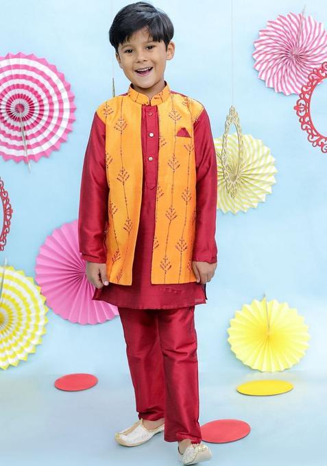 Maroon Solid Silk Kurta Set For Boys — view on Indya