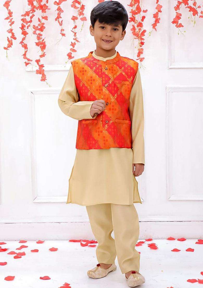 Beige Solid Silk Kurta Set For Boys - Indya