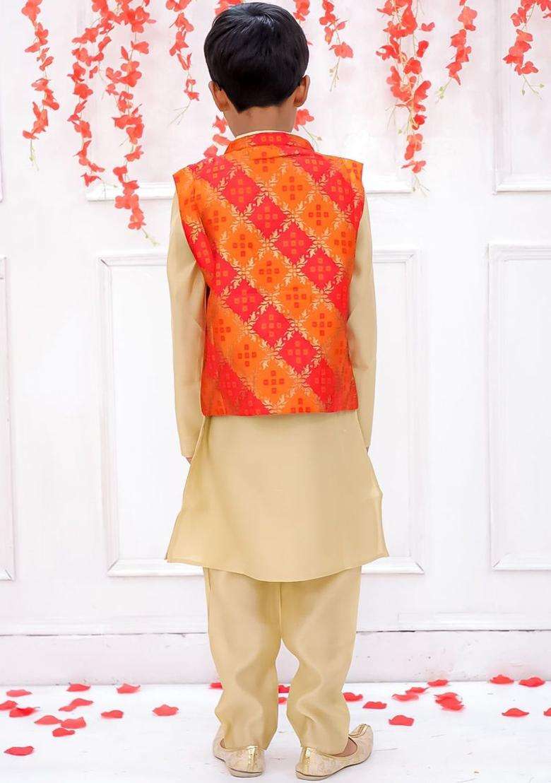 Beige Solid Silk Kurta Set For Boys - Indya