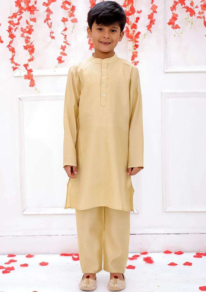 Beige Solid Silk Kurta Set For Boys - Indya