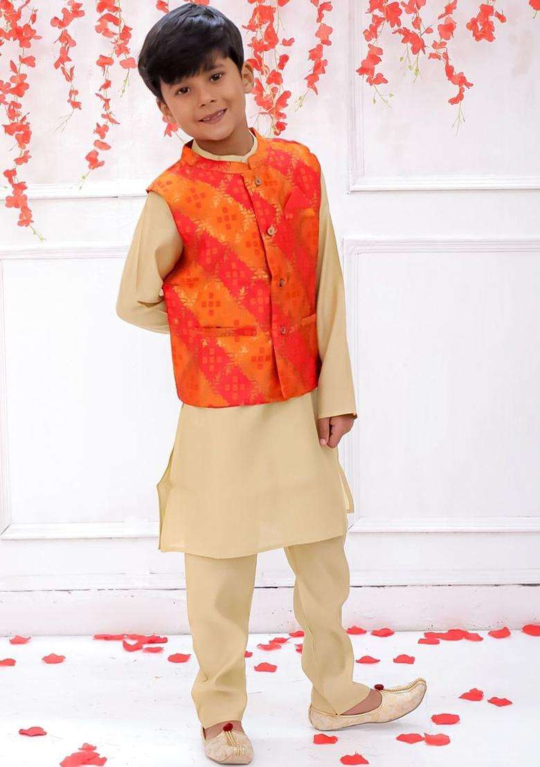 Beige Solid Silk Kurta Set For Boys - Indya