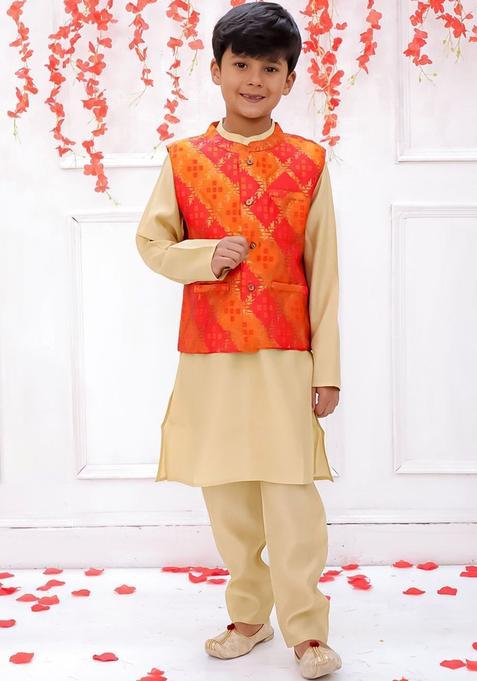 Beige Solid Silk Kurta Set For Boys — view on Indya